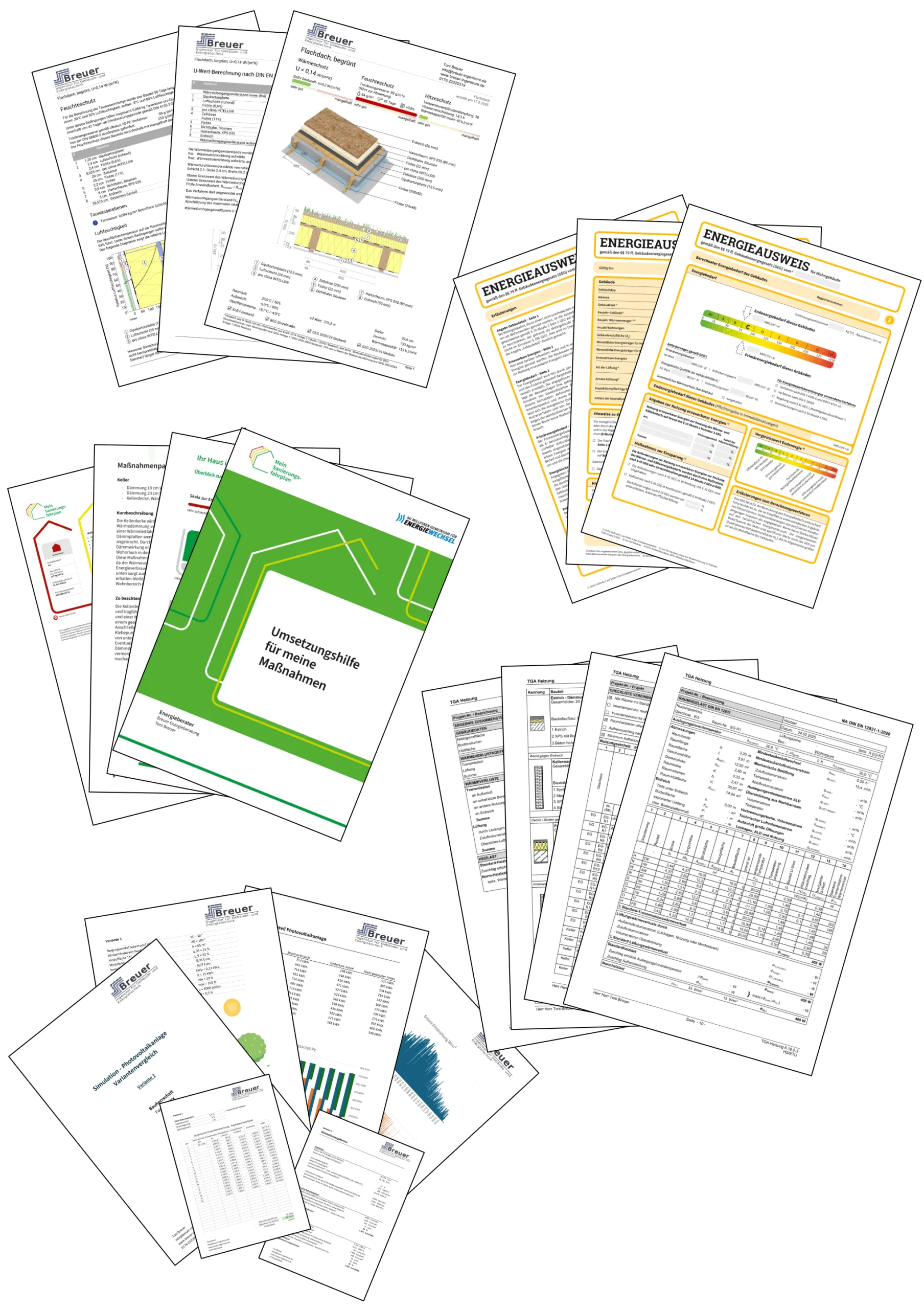 Dokumente Eine Auflistung von Dokumenten, die zeigen, Heizlastberechnung, Individueller Sanierungsfahrplan, Energieausweis und mehr.